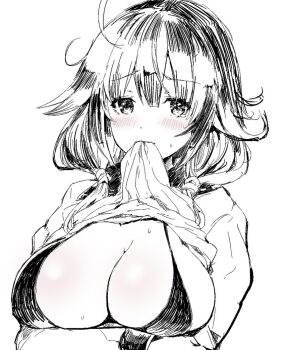 1girl ahoge arm_under_breasts bikini blush breasts cleavage clothes_lift commentary_request greyscale hair_between_eyes hair_flaps jaggy_lines kantai_collection large_breasts lifting_own_clothes looking_at_viewer low_twintails monochrome mouth_hold shirt_lift simple_background solo spot_color sumisu_(mondo) sweat swimsuit taigei_(kancolle) twintails upper_body