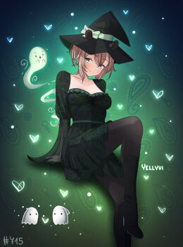 1girl animal_ears artist_name black_boots blonde_hair boots closed_mouth commentary dress english_commentary ghost green_dress green_eyes hair_between_eyes hat hat_ribbon head_tilt highres indie_virtual_youtuber light_smile naplings_(nimi_nightmare) nimi_nightmare on_floor pantyhose ribbon see-through_clothes see-through_sleeves sidelocks tapir_ears tapir_girl virtual_youtuber witch_hat yellyvi