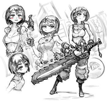 1girl bags_under_eyes bare_arms blush bob_cut bra breasts chainsword covered_erect_nipples fingerless_gloves gloves greyscale half-closed_eyes head-mounted_display holding holding_sword holding_weapon medium_breasts monochrome motorslice multiple_moles multiple_views navel open_jumpsuit orbie p_(motorslice) short_hair signature single_fingerless_glove sleeveless_jumpsuit standing sword talking truemg turtleneck_jumpsuit underwear unzipped weapon white_background zipper