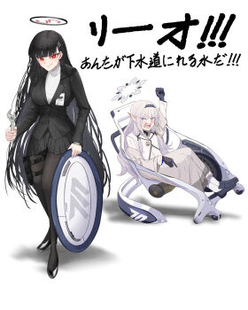 2girls absurdres black_gloves black_hair black_jacket black_pantyhose black_shoes black_skirt blazer blue_archive blunt_bangs breasts clenched_hand commentary_request gloves hairband halo highres himari_(blue_archive) holding holding_wrench holster jacket large_breasts long_hair looking_at_viewer multiple_girls ni_ketsu pantyhose pleated_skirt pointy_ears purple_eyes red_eyes ringed_eyes rio_(blue_archive) shoes sitting skirt smile socks sweater teeth thigh_holster translation_request turtleneck turtleneck_sweater variant_set wheel wheelchair white_hair white_socks wrench
