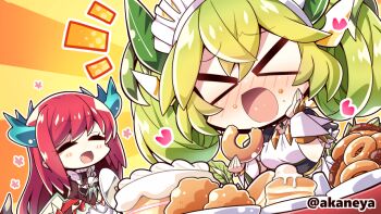 &gt;_&lt; 2girls akaneya apron blue_horns blush breasts cake chibi commission donut dragon_girl dragon_horns dragon_tail dress duel_monster eating food green_hair green_horns horns kitchen_dragonmaid lace-trimmed_apron lace_trim large_breasts long_hair long_sleeves maid maid_apron maid_headdress multiple_girls open_mouth pancake parlor_dragonmaid puffy_sleeves red_hair short_sleeves skeb_commission tail yu-gi-oh!