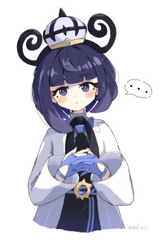 ... 1girl belt belt_buckle black_dress blush blush_stickers bob_cut buckle closed_mouth coat dress emofuru_(vktd5442) gloves gwynn_(pokemon) hat highres interlocked_fingers looking_at_viewer nintendo o-ring o-ring_belt open_clothes open_coat own_hands_together partially_fingerless_gloves pokemon pokemon_legends:_z-a purple_eyes purple_hair short_hair solo spoken_ellipsis twitter_username upper_body white_coat