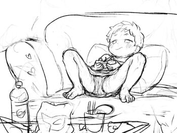 1girl barefoot blush closed_mouth controller couch feet female_focus game_controller heart holding holding_controller holding_game_controller kurotsuki_(luowei99) loli m_legs monochrome original panties pillow reclining short_hair sketch solo spread_legs thighs toes underwear webp-to-png_conversion