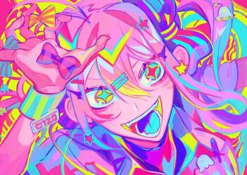 1girl abstract_background aegyo_sal antenna_hair aqua_bow aqua_hair aqua_pupils arm_up artist_self-insert birthday bow fangs green_eyes hair_between_eyes hair_bow hair_intakes hair_ornament himanemuitoma long_hair looking_at_viewer mismatched_pupils multicolored_hair object_in_pocket orange_bow original pen pen_in_pocket pink_hair pocket portrait purple_bow purple_sailor_collar red_background red_bow red_pupils sailor_collar short_sleeves side_ponytail sidelocks simple_background solo star_(symbol) star_hair_ornament streaked_hair striped_bow striped_wristband teeth two-tone_background two-tone_bow ufo_hair_ornament v-shaped_eyebrows wristband yellow_background yellow_bow