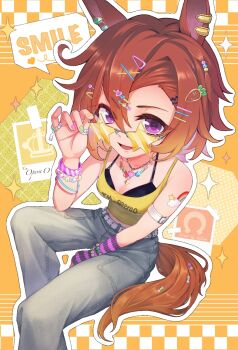 Rule 34 | 1girl, alternate costume, animal ears, arm warmers, bare shoulders, belt, black bra, bra, bracelet, breasts, cleavage, commentary request, glasses, grey pants, hair between eyes, hair ornament, hairclip, horse ears, horse girl, horse tail, jewelry, justzesou, looking at viewer, medium breasts, multicolored nails, necklace, open mouth, orange hair, orange tail, pants, purple eyes, rainbow tattoo, short hair, shoulder tattoo, single arm warmer, smile, solo, speech bubble, star-shaped eyewear, star (symbol), t.m. opera o (umamusume), tail, tail ornament, tank top, tattoo, too many hair ornaments, umamusume, underwear, white belt, yellow tank top