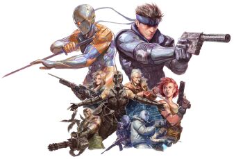 Rule 34 | 2girls, 6+boys, absurdres, assault rifle, balaclava, bald, bird, blonde hair, brown hair, bullpup, crow, dave rapoza, desert eagle, elbow pads, facial hair, famas, finger on trigger, fingerless gloves, gas mask, gatling gun, gloves, gray fox (metal gear), gun, h&amp;k mark 23, handgun, headband, helmet, highres, holding, holding gun, holding sword, holding weapon, mask, meryl silverburgh, metal gear (series), metal gear solid, multiple boys, multiple girls, mustache, ninjatou, one-eyed, outstretched arms, power suit, psycho mantis, red hair, reverse grip, revolver, revolver ocelot, rifle, short sword, shoulder pads, sneaking suit, sniper rifle, sniper wolf, soldier, solid snake, suppressor, sword, tattoo, trigger discipline, unfinished, vulcan raven, weapon, white background