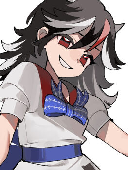 1girl 950magi618 black_hair blue_bow blue_bowtie bow bowtie commentary_request dress grin hair_between_eyes horns kijin_seija looking_at_viewer medium_hair multicolored_hair red_eyes red_hair short_sleeves smile solo teeth touhou upper_body white_background white_dress white_hair