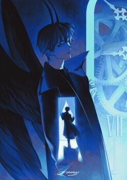 2boys absurdres black_coat black_hair black_wings blue_theme clock_hands coat curtains demon_horns doorway feathered_wings full_body gears glowing hashtag-only_commentary head_tilt highres horns kim_dokja looking_at_viewer mini_person miniboy multiple_boys omniscient_reader&#039;s_viewpoint open_clothes open_coat popped_collar roman_numeral short_hair sidelighting smirk ssanagi00 walking wings yoo_joonghyuk