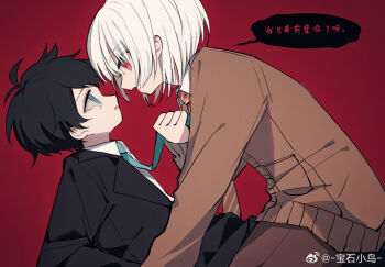 2boys @_@ akinashi_haru aqua_eyes aqua_necktie baoshi_xiao_niao black_hair black_suit brown_cardigan brown_pants cardigan chinese_commentary chinese_text clothes_grab commentary_request crying formal_clothes from_side male_focus multiple_boys necktie necktie_grab neckwear_grab orange_necktie pants red_background red_eyes saihate_eki simple_background sitting sitting_on_person suit tatsunami_shion tears translation_request white_hair