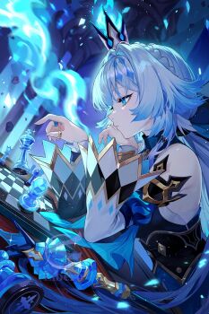 Rule 34 | 1girl, blue dress, blue eyes, blue fire, blue hair, cerydra (honkai: star rail), chess piece, chessboard, closed mouth, crown, detached sleeves, dress, fire, from side, highres, honkai: star rail, honkai (series), jewelry, king (chess), libero art, light particles, long hair, mini crown, multiple rings, pawn (chess), queen (chess), ring, sleeveless, sleeveless dress, solo, thumb ring, wide sleeves