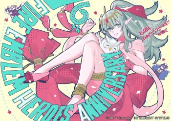 1girl anniversary armor axe blonde_hair bracelet brown_hair cape chibi copyright_name cosplay crown dress feh_(fire_emblem_heroes) fire_emblem fire_emblem:_mystery_of_the_emblem fire_emblem_awakening fire_emblem_fates fire_emblem_heroes fur-trimmed_cape fur_trim green_eyes green_hair hair_ribbon haori holding holding_axe japanese_clothes jewelry knees_up looking_at_viewer nintendo official_alternate_costume official_art p-nekor parted_lips pink_dress pointy_ears ponytail red_footwear red_ribbon red_sash ribbon sash smile solo teeth tiara tiki_(adult)_(fated_divinity)_(fire_emblem) tiki_(adult)_(fire_emblem) tiki_(fire_emblem) tiki_(young)_(fire_emblem) tiki_(young)_(fire_emblem)_(cosplay) watermark xander_(fire_emblem) xander_(gallant_king)_(fire_emblem) yarne_(new_year)_(fire_emblem)