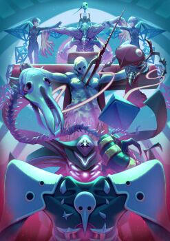 Rule 34 | 2boys, absurdres, angel (evangelion), bodysuit, brown hair, character request, commentary, cross, crucifixion, extra arms, highres, ikari shinji, interface headset (evangelion), kenosousaku, lance of longinus (evangelion), leliel (evangelion), lilith (evangelion), multiple boys, nagisa kaworu, neon genesis evangelion, sachiel (evangelion)