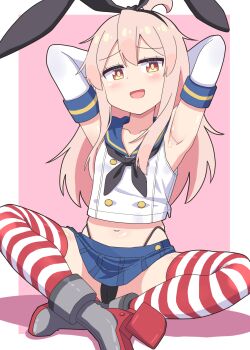 1girl :d ahoge armpits arms_behind_back arms_up black_hairband black_neckerchief black_panties blue_sailor_collar blue_skirt blush boots brown_eyes buttons changaa collarbone commentary cosplay double-breasted elbow_gloves gloves grey_boots hairband high_heels highleg highleg_panties highres indian_style kantai_collection long_hair looking_at_viewer microskirt midriff navel neckerchief onii-chan_wa_oshimai! open_mouth oyama_mahiro panties pink_hair pleated_skirt rudder_footwear sailor_collar shimakaze_(kancolle) shimakaze_(kancolle)_(cosplay) shirt sitting skirt sleeveless sleeveless_shirt smile solo striped_clothes striped_thighhighs thighhighs thong underwear white_gloves white_shirt