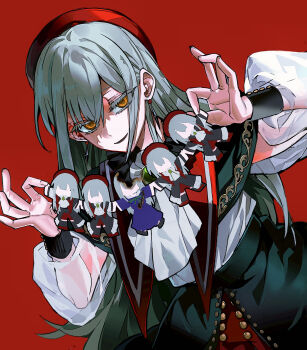 Rule 34 | 1girl, absurdres, ascot, bang dream!, bang dream! it's mygo!!!!!, beret, character doll, chinese commentary, commentary request, doll, earrings, green hair, hat, highres, jewelry, long hair, looking at viewer, mortis (bang dream!), mortis (costume) (bang dream!), mortis (persona) (bang dream!), ne2op, open mouth, parted lips, red eyes, red hat, shirt, sidelocks, simple background, upper body, wakaba mutsumi, white ascot, white shirt, yellow eyes