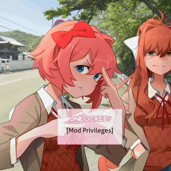 2girls animated blue_eyes blush bow breasts brown_hair brown_vest doki_doki_literature_club doki_doki_literature_club_school_uniform dragon_ball frown green_eyes hair_bow hanging instant_transmission jacket khyle. long_hair long_sleeves medium_breasts meme monika_(doki_doki_literature_club) multiple_girls nileseyy_niles_disappears_(meme) open_clothes open_jacket pout red_bow road_sign sayori_(doki_doki_literature_club) school_uniform sign small_breasts tagme teleportation upper_body vest video
