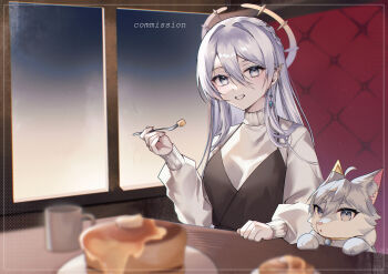 1girl absurdres animal black_dress blurry blurry_foreground commission cup depth_of_field dress earrings food fork grey_eyes grey_hair halo highres holding holding_fork hoshina_selene_(vtuber) indie_virtual_youtuber jewelry long_hair long_sleeves looking_at_viewer mug pancake parted_lips pointy_ears single_earring sitting skeb_commission solo sweater tanaka_(tps9g) turtleneck turtleneck_sweater virtual_youtuber white_sweater window