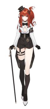 1girl absurdres armband asymmetrical_legwear belt black_armband black_bow black_bowtie black_choker black_gloves black_hat black_shorts bow bowtie breasts cane choker cleavage closed_mouth daiya_fortuna full_body gloves grey_eyes hair_ornament hairclip hat highres kamameshi_gougoumaru kneehighs large_breasts long_hair long_sleeves mini_hat official_art pixellink pocket_watch red_eyes red_hair second-party_source shirt shirt_tucked_in shorts side_ponytail simple_background single_kneehigh single_sock single_thighhigh socks solo straight-on thighhighs virtual_youtuber watch white_background white_footwear white_shirt