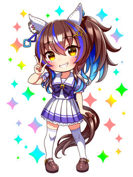 1girl animal_ears blue_hair blush bow bowtie breasts brown_hair chibi chibi_only collarbone colored_inner_hair commentary_request daitaku_helios_(umamusume) ear_covers facial_tattoo fang full_body grin hair_between_eyes hair_ornament hairclip highres horse_ears horse_girl horse_tail long_hair looking_at_viewer multicolored_hair open_mouth pleated_skirt puffy_short_sleeves puffy_sleeves purple_bow purple_bowtie purple_shirt sailor_collar sailor_shirt school_uniform shirt shoes short_sleeves side_ponytail skirt smile solo star_(symbol) star_hair_ornament streaked_hair sugimotty_nova tail tattoo teeth thighhighs tracen_school_uniform umamusume w white_sailor_collar white_skirt white_thighhighs yellow_eyes zettai_ryouiki