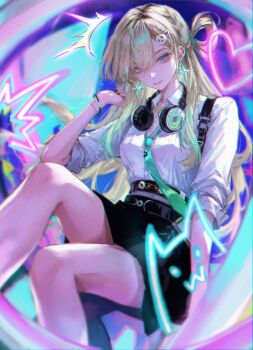 1girl 96yottea absurdres aqua_necktie arm_at_side belt black_belt black_nails black_skirt blonde_hair blue_eyes breasts closed_mouth collared_shirt commentary earrings feet_out_of_frame hair_ornament hand_up hashtag-only_commentary headphones headphones_around_neck heart highres jewelry long_hair looking_at_viewer lynae_(wuthering_waves) medium_breasts necktie purple_eyes shirt sitting skirt skull_hair_ornament sleeves_rolled_up solo star_(symbol) star_earrings white_shirt wristband wuthering_waves