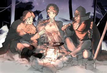 1other 2girls :q ambiguous_gender armor armored_boots beard black_boots boots braid campfire camping cape closed_mouth commentary_request crown_braid dress eating facial_hair fire full_armor headpiece helm helmet holding holding_skewer indian_style jewelry kaze_no_tani_no_nausicaa kurotowa kushana licking_lips long_sleeves multiple_girls night outdoors pants parted_lips pendant rock serizawa_nae shirt short_hair sitting skewer smile tongue tongue_out