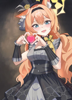 absurdres animal_ear_fluff black_hairband black_headband black_overskirt blue_archive blue_eyes choker commentary_request dress flower fluffy_hair four-finger_heart_hands frilled_choker frills grey_dress grey_feathers hairband halo hat hat_flower headband heart heart_hands highres idol idol_clothes long_hair looking_at_viewer low_twintails mari_(blue_archive) mari_(idol)_(blue_archive) mini_hat mini_top_hat official_alternate_costume orange_hair rose shimako_noru smile top_hat twintails yellow_flower yellow_halo yellow_rose