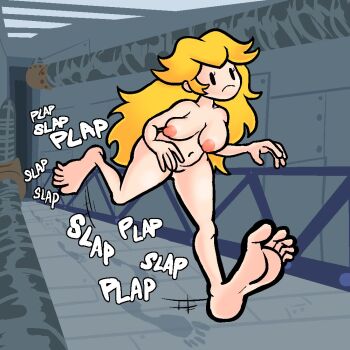 1girl ahoge armpit_crease artist_request bad_anatomy bad_feet barefoot blonde_hair breasts collarbone completely_nude embarrassed exhibitionism eyelashes feet female_focus flipped_hair foot_focus footprints full_body gluteal_fold hallway hands_up hanging_breasts indoors knees legs long_hair looking_ahead mario_(series) medium_breasts missing_headwear navel neck nintendo nipples no_crown no_gloves nude paper_mario paper_mario:_the_thousand-year_door princess_peach public_indecency public_nudity pussy running scene_reference sidelocks soles sound_effects source_request stomach streaking thighs toes