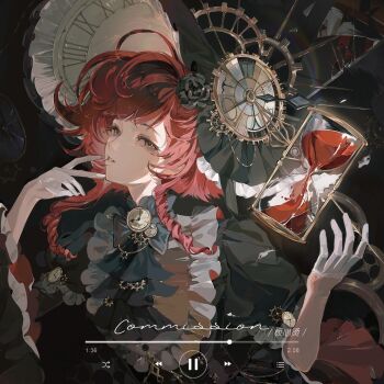 1girl absurdres ascot banxintang black_ascot black_background black_bonnet black_bow black_bowtie black_dress black_flower black_rose bonnet bow bowtie brooch chinese_commentary clock commentary_request commission dress eyelashes flower frilled_headwear frilled_sleeves frills gears gloves grey_eyes hair_flower hair_ornament half_gloves hand_on_own_chin hand_up hat highres hourglass jewelry object_floating_above_hand original parted_lips pause_button pink_lips puffy_short_sleeves puffy_sleeves red_hair ringlets rose shards short_hair_with_long_locks short_sleeves sidelocks smile solo teeth two-sided_fabric two-sided_headwear upper_body watermark white_gloves white_hat