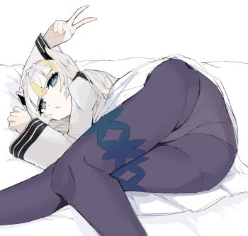 +_+ 1girl :o absurdres ass ass_focus blue_eyes herutar_skertar highres jacket lying magia_(monster_strike) monster_strike on_bed on_side original panties panties_under_pantyhose panties_visible_through_clothes pantyhose school_uniform solo underwear v white_background white_hair white_jacket