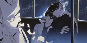 3boys 8d2suga9 black_coat black_hair black_shirt coat crossed_arms disintegration dual_persona falling_paper hand_on_another&#039;s_head highres kim_dokja male_focus multiple_boys night omniscient_reader&#039;s_viewpoint open_clothes open_coat popped_collar shirt short_hair sky space star_(sky) starry_sky train_interior upper_body white_coat window_light yoo_joonghyuk