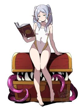 1girl barefoot batta_16-sei book breasts collarbone commentary_request covered_navel earrings elf frieren green_eyes highres holding holding_book jewelry long_hair looking_at_viewer mimic mimic_chest one-piece_swimsuit parted_bangs pointy_ears small_breasts solo sousou_no_frieren swimsuit twintails watermark white_hair white_one-piece_swimsuit