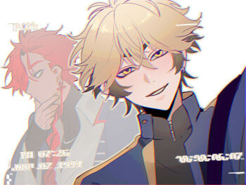 2boys black_coat black_hair black_shirt blonde_hair blue_jacket braid braided_ponytail chinese_text chromatic_aberration coat coat_on_shoulders collared_shirt commentary earrings hand_on_own_chin jacket jewelry lio0oil_0 long_hair long_sleeves looking_at_viewer male_focus multicolored_hair multiple_boys necklace parted_lips red_eyes red_hair shiguang_dailiren shirt short_hair simple_background single_braid single_earring sleeves_past_wrists smile solo_focus tassel tassel_earrings turtleneck two-tone_hair undershirt upper_body white_background white_shirt xia_fei xiao_weiying yellow_eyes zipper