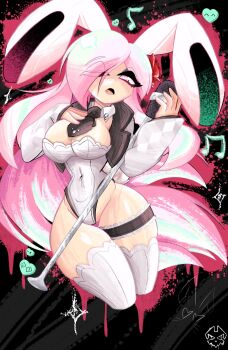 >_< 1girl ^_^ alternate_costume ami_(gwain_saga) animal_ears artist_logo black_background breasts cleavage closed_eyes covered_navel cowboy_shot cropped_jacket cropped_legs detached_collar fake_animal_ears fake_tail flower frills graffiti_(style) gwain_saga hair_flower hair_ornament hair_over_one_eye hand_on_own_chest heart heart-shaped_pupils highres holding holding_microphone jacket large_breasts leotard logo long_hair microphone microphone_stand music musical_note necktie no_bra one_eye_closed open_mouth pink_eyes pink_hair playboy_bunny rabbit_ears rabbit_tail singing skull_pin solo symbol-shaped_pupils tail thick_eyelashes thick_thighs thigh_strap thighhighs thighs very_long_hair white_jacket white_leotard wide_hips xxghostxx_qc
