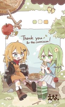 Rule 34 | + +, 2girls, :d, absurdres, apple, apple print, artist name, belt, black jacket, blue eyes, blue shirt, blush stickers, boots, borrowed character, brown belt, brown boots, brown shoes, bug, butterfly, closed mouth, cloud, commentary request, day, double-parted bangs, dress, eating, ena 1510, flower, fold-over boots, food, food print, fruit, fruit print, full body, grass, green eyes, green hair, green socks, grey skirt, hair flower, hair ornament, highres, holding, holding food, insect, jacket, lace-up boots, log, long hair, long sleeves, loose socks, multiple girls, open clothes, open jacket, open mouth, orange dress, orange hair, original, outdoors, pie, pleated skirt, print shirt, red scarf, sample watermark, scarf, shirt, shoes, short sleeves, sitting, skirt, sleeves past fingers, sleeves past wrists, smile, socks, stick, striped clothes, striped socks, thigh strap, twitter username, watermark, x hair ornament