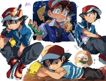 1boy ash_ketchum baseball_cap bird black_hair blue_jacket blue_shirt brown_hair child commentary_request fletchling gen_1_pokemon gen_6_pokemon gen_7_pokemon hat highres jacket lying multiple_views night nintendo omotikonetemasu on_stomach owl pikachu pokemon pokemon_(anime) pokemon_(classic_anime) pokemon_sm_(anime) pokemon_xy_(anime) red_hat rowlet shirt short_hair sitting spiked_hair
