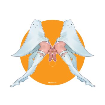 2boys :3 androgynous clone full_body ghost_costume highres male_focus multiple_boys original penis penis_and_testicles_touching simple_background symmetry tailbox testicles thighhighs torn_clothes torn_thighhighs trap trap_on_trap veil white_background white_thighhighs white_veil yaoi