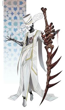 1boy 2026 absurdres asdf1211950 bone_weapon clothed_robot cyborg dated full_body hat highres holding holding_sword holding_weapon joints large_hat limbus_company mechabare mechanical_arms nursefather_of_the_ring pants project_moon robe robot robot_joints shoes solo standing stole string string_of_fate sword weapon white_background white_hat white_pants white_robe white_shoes wide_brim