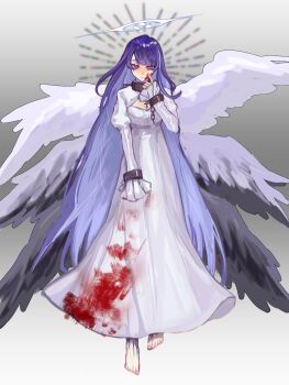 1girl alternate_costume alternate_universe angel angel_wings biblically_accurate_angel blood blood_on_clothes blood_on_face blue_pupils blunt_bangs blurry blurry_background broken broken_chain center_opening chain chinese_commentary closed_mouth colored_skin cuffed cuffs dress eye_symbol fallen_angel feathered_wings feet floating frilled_dress frilled_sleeves frills full_body genshin_impact glowing gradient_background gradient_hair grey_background halo hand_on_own_face head_tilt highres long_hair long_sleeves looking_at_viewer mitsudomoe_(shape) mole mole_under_eye multicolored_eyes multicolored_hair multicolored_skin nihaowojiaoshanghetu purple_eyes purple_hair purple_nails raiden_shogun sad shade solo streaked_hair toes tomoe_(symbol) transformation two-tone_skin very_long_hair white_dress white_wings wings wrist_cuffs