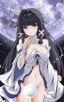 1girl absurdres bare_shoulders black_eyes black_hair breasts cleavage columbina_(genshin_impact) commentary_request cover cover_page dress full_moon genshin_impact hair_wings highres large_breasts long_hair looking_at_viewer midriff moon multicolored_hair navel no_panties novel_cover purple_hair solo two-tone_hair unusually_open_eyes very_long_hair white_dress white_wings wings yeni1871