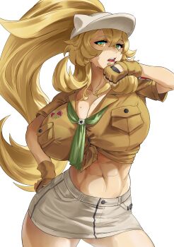 1girl abs absurdres barghest_(fate) barghest_(swimsuit_archer)_(first_ascension)_(fate) blonde_hair breasts brown_gloves brown_shirt cleavage commentary english_commentary fate/grand_order fate_(series) fingerless_gloves gloves green_eyes grey_hat grey_skirt hat high_ponytail highres large_breasts long_hair looking_at_viewer lucasaobari midriff miniskirt muscular muscular_female navel neckerchief open_mouth pencil_skirt ponytail shirt short_sleeves sidelocks skirt solo thick_thighs thighs tied_shirt