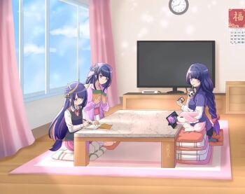 3girls aged_down alternate_costume alternate_universe animal blue_sky blunt_bangs book braid calendar_(object) cellphone chinese_commentary clock close-up cloud cloudy_sky collarbone collared_dress commentary_request contemporary cup dress drinking drinking_straw fake_horns fox fox_girl full_body game_screenshot genshin_impact gradient_hair hair_ornament hair_ribbon headpiece highres holding holding_book holding_cup holding_phone horns indoors layered_clothes light_blush long_braid long_hair long_sleeves looking_down looking_to_the_side low-tied_long_hair makoto_(genshin_impact) mother_and_daughter multicolored_hair multiple_girls open_book phone pillow playing_games playing_tabletop_rpg playing_video_games purple_eyes purple_hair raiden_shogun raiden_shogun_(magatsu_mitake_narukami_no_mikoto) ribbon school_uniform seiza short_sleeves siblings single_braid sisters sitting skirt sky smartphone streaked_hair table television twins vest window yae_miko yae_miko_(fox) zhihe_box