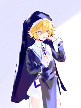 1boy alternate_costume aotu_world black_dress black_veil blonde_hair blue_eyes blush chinese_commentary cleavage_cutout clothing_cutout cowboy_shot cross cross_necklace crossdressing crossdressing_(mtf) dress hair_between_eyes hand_on_own_chest hand_up heart heart-shaped_pupils highres jewelry king_(aotu_world) long_sleeves looking_at_viewer male_focus necklace nun open_mouth pelvic_curtain pointy_ears short_hair side_slit simple_background smile solo symbol-shaped_pupils toonehappy trap veil white_background