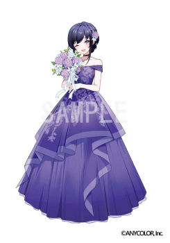 1girl ;d baby&#039;s-breath bare_shoulders black_choker bouquet breasts choker copyright_notice dress floral_print floral_print_dress flower full_body goroo_(eneosu) gown grey_eyes hair_bun hair_flower hair_ornament holding holding_bouquet layered_dress light_blush lily_(flower) long_dress looking_at_viewer nijisanji off-shoulder_dress off_shoulder official_art one_eye_closed open_mouth pendant_choker ponto_nei print_dress purple_dress purple_flower purple_hair purple_rose rose rose_print sample_watermark short_sleeves sidelocks simple_background single_hair_bun small_breasts smile solo standing swept_bangs virtual_youtuber watermark white_arm_warmers white_background white_flower white_lily white_rose