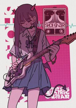 1girl bow bracelet choker demon_tail electric_guitar guitar highres holding holding_instrument horns instrument jewelry long_hair music original playing_instrument pleated_skirt plectrum school_uniform skirt solo standing tail yuuho