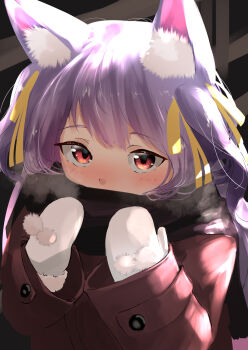 .live 1girl absurdres alternate_costume animal_ears blush commentary_request fence heavy_breathing highres long_hair looking_at_viewer mittens purple_hair red_eyes rurun_rururica simple_background solo tama_(tamago) virtual_youtuber winter_clothes wolf_ears