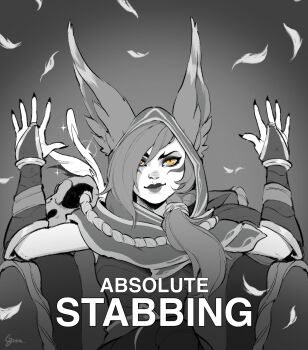 Rule 34 | 1girl, absolute cinema (meme), animal ears, artist name, bridal gauntlets, closed mouth, commentary, crossed legs, ears through hood, english text, facial mark, falling feathers, feathers, fingernails, green (greeniris), greyscale, hands up, highres, hood, hood up, league of legends, light smile, long fingernails, looking at viewer, meme, monochrome, sitting, slit pupils, solo, spot color, xayah, yellow eyes