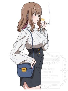 1girl bag black_skirt blue_bag breasts brown_hair cigarette closed_eyes commentary_request cowboy_shot earrings from_side handbag highres holding holding_cigarette jewelry large_breasts long_sleeves matatabeat medium_hair nail_polish original parted_lips pencil_skirt pink_nails ribbed_sweater sidelocks signature skirt smoke smoke_trail solo sweater underbust watermark white_sweater
