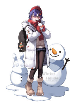 1girl :d absurdres alternate_costume bag belle_(zenless_zone_zero) blue_hair blush boots commentary eous_(zenless_zone_zero) full_body gloves green_eyes hair_ornament hairclip hat highres jacket open_mouth scarf short_hair skirt smile snow snowman sweater thighhighs white_background winter_clothes yuna_(deadawon) zenless_zone_zero