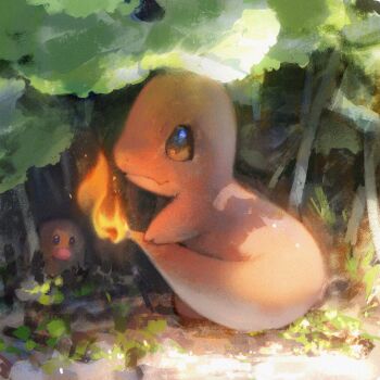 Rule 34 | charmander, closed mouth, commentary request, diglett, fire, flame-tipped tail, full body, gen 1 pokemon, highres, looking at viewer, nintendo, no humans, outdoors, pokemon, pokemon (creature), shiratsuyu mone, tail