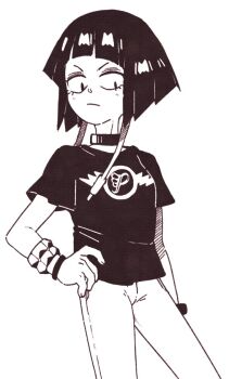 Rule 34 | 1girl, audio jack, black choker, blunt bangs, boku no hero academia, bracelet, choker, commentary, commission, cowboy shot, denim, english commentary, greyscale, hand on own hip, inkerton-kun, jeans, jewelry, jiro kyoka, light frown, long earlobes, looking at viewer, monochrome, multiple bracelets, pants, print shirt, second-party source, shirt, short hair, short sleeves, solo, t-shirt