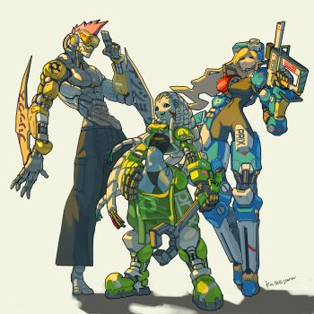 1boy 2girls absurdres android arm_blade black_pants blonde_hair bodysuit breasts cropped_jacket cyberpunk cyborg flat_chest forked_tongue full_body goggles goggles_around_neck goggles_on_head green_eyes green_jacket green_pants grey_hair gun highres holding holding_gun holding_weapon jacket joints koutetu_yarou long_hair mechanical_hair medium_breasts mohawk multiple_girls original oversized_forearms oversized_limbs pants prosthesis prosthetic_arm prosthetic_leg red_eyes revealing_clothes robot_joints science_fiction sharp_teeth signature standing teeth tongue tongue_out very_long_hair weapon wrench